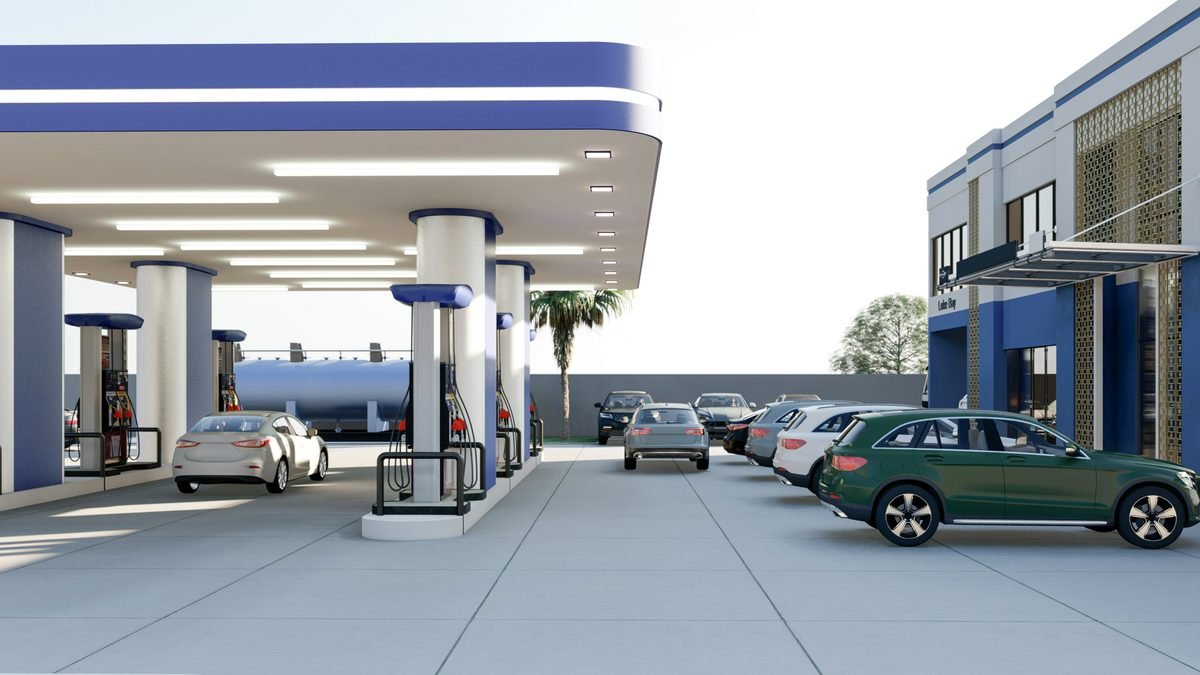 Gas station forecourt with EV fast-charging stalls, MÖTEN evfc deployment context